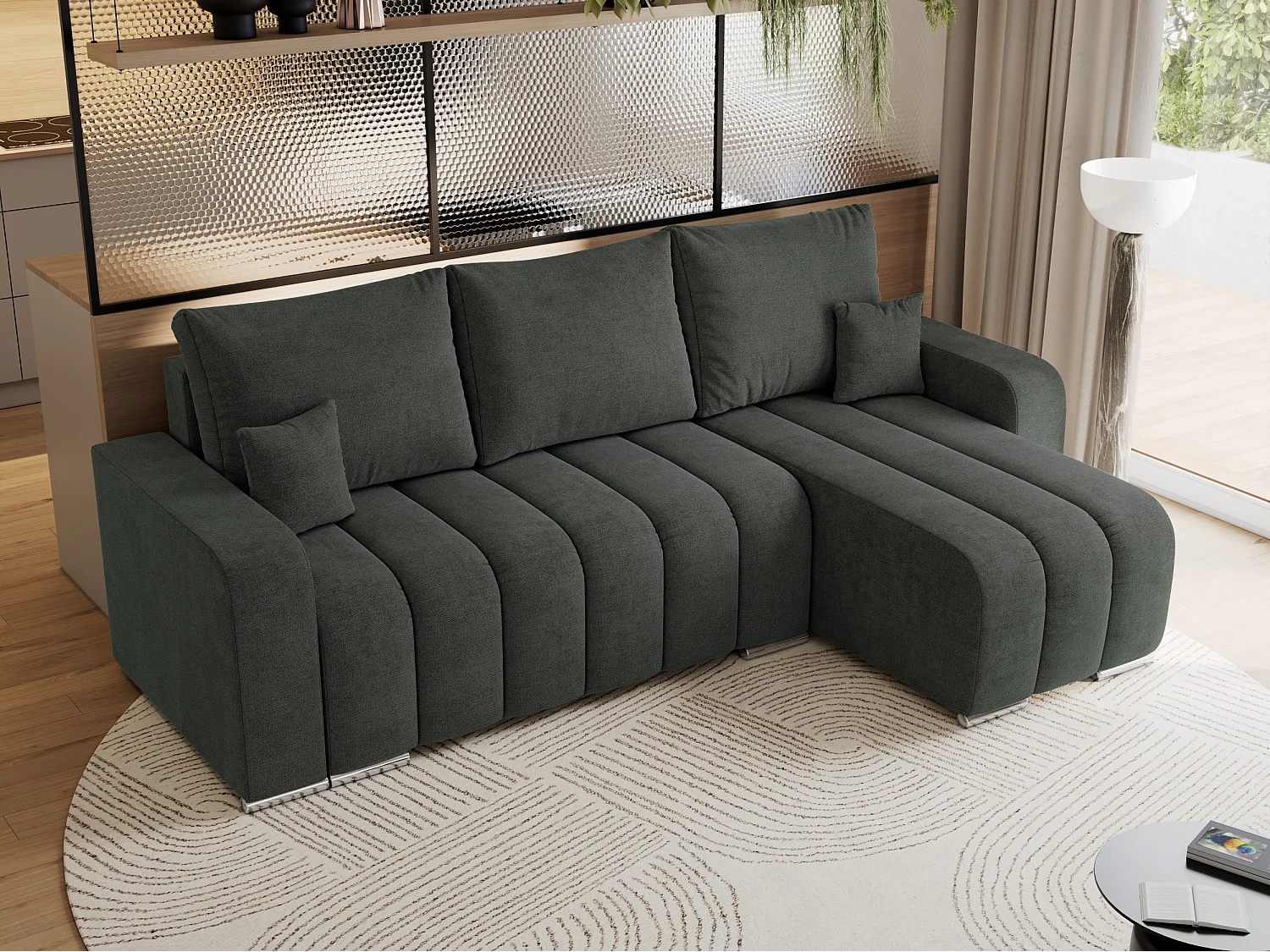 Ecksofa KIRASSO - universelles mit Schlaffunktion und Bettkasten, lose Kissen, Armlehnen - Dunkelgrau Stukture