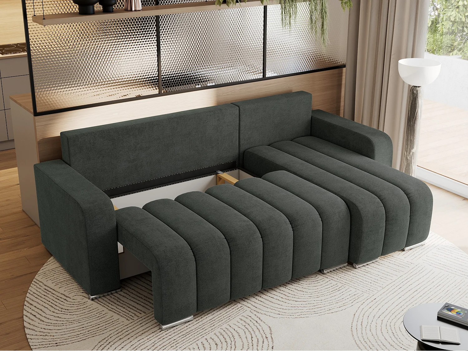 Ecksofa KIRASSO - universelles mit Schlaffunktion und Bettkasten, lose Kissen, Armlehnen - Dunkelgrau Stukture