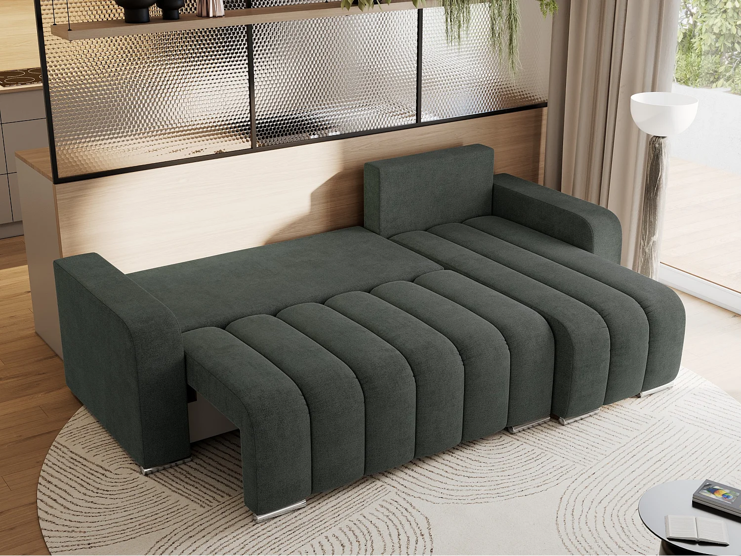 Ecksofa KIRASSO - universelles mit Schlaffunktion und Bettkasten, lose Kissen, Armlehnen - Dunkelgrau Stukture