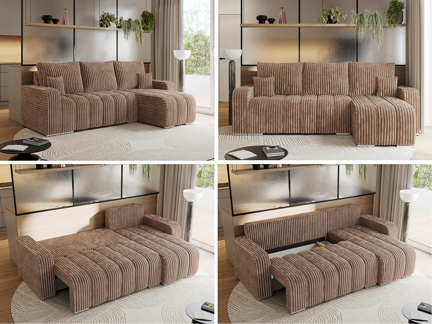 Ecksofa KIRASSO - universelles mit Schlaffunktion und Bettkasten, lose Kissen, Armlehnen - Braun Cord