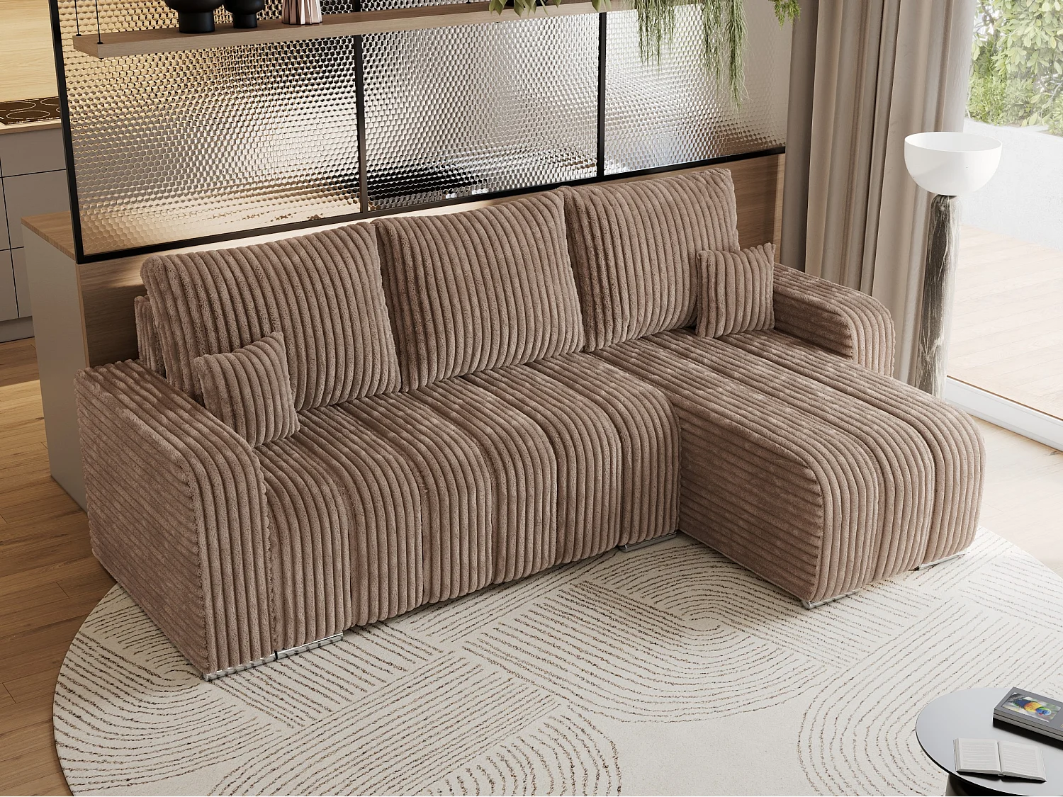 Ecksofa KIRASSO - universelles mit Schlaffunktion und Bettkasten, lose Kissen, Armlehnen - Braun Cord