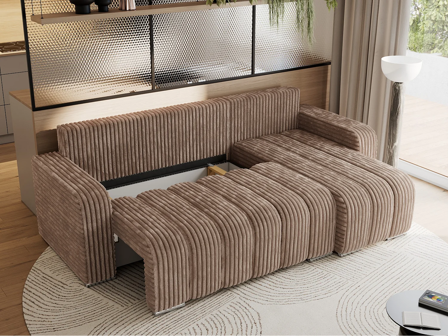 Ecksofa KIRASSO - universelles mit Schlaffunktion und Bettkasten, lose Kissen, Armlehnen - Braun Cord