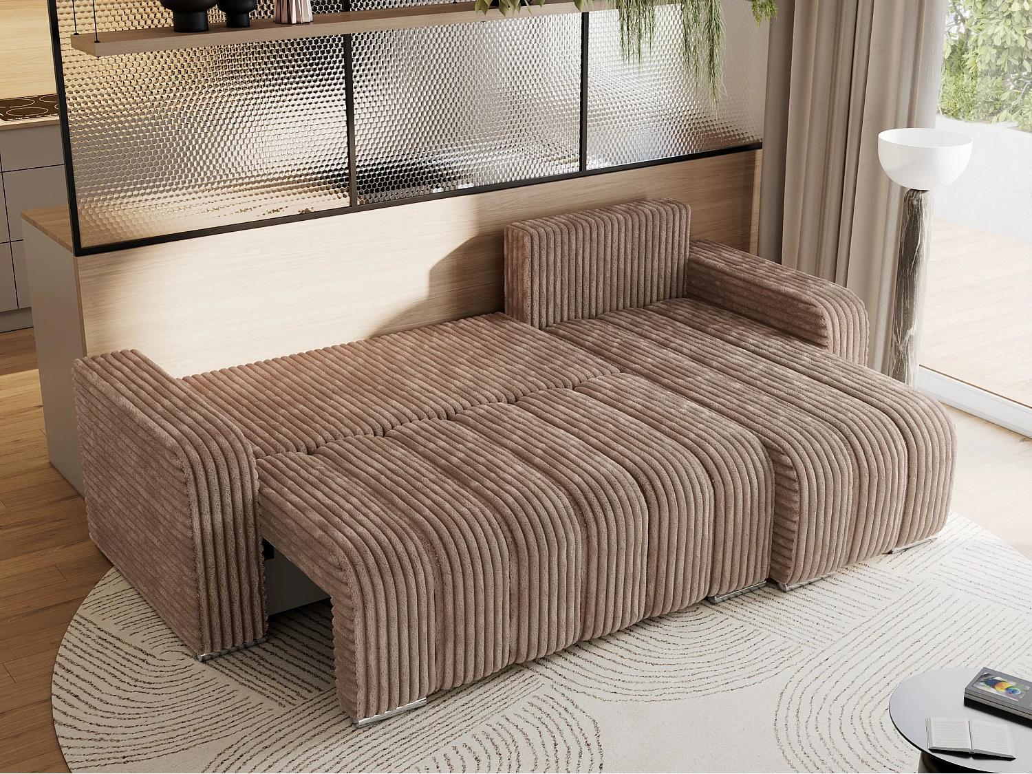 Ecksofa KIRASSO - universelles mit Schlaffunktion und Bettkasten, lose Kissen, Armlehnen - Braun Cord