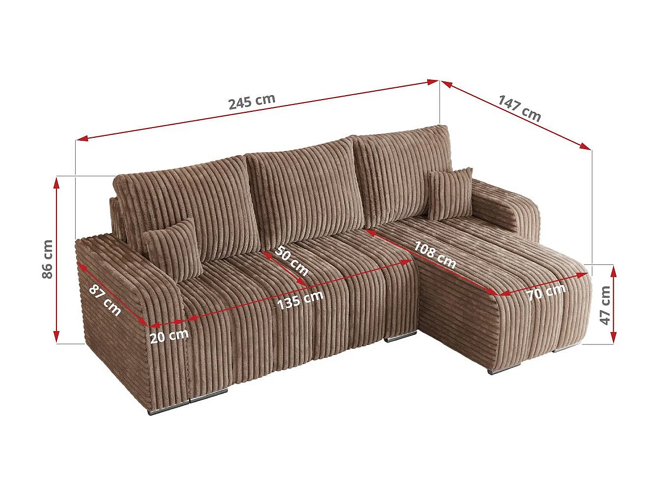Ecksofa KIRASSO - universelles mit Schlaffunktion und Bettkasten, lose Kissen, Armlehnen - Braun Cord