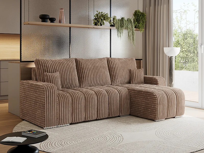 Ecksofa KIRASSO - universelles mit Schlaffunktion und Bettkasten, lose Kissen, Armlehnen - Braun Cord