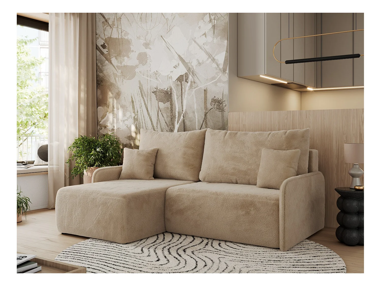Ecksofa ARPA - L-form Schlaffsofa, Bettkasten und lose Kissen, Armlehnen - Beige Plüsch - Ecke Links