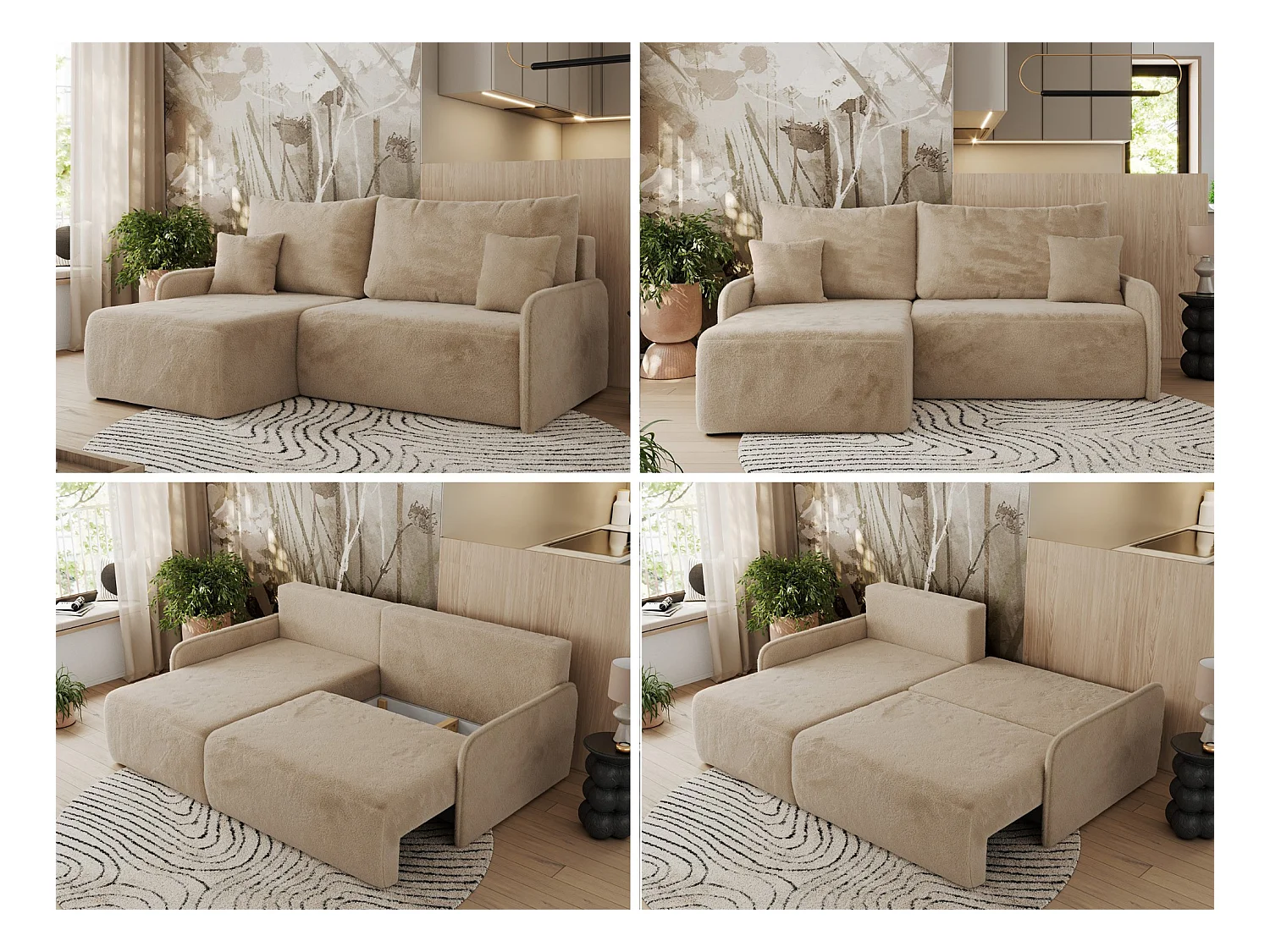 Ecksofa ARPA - L-form Schlaffsofa, Bettkasten und lose Kissen, Armlehnen - Beige Plüsch - Ecke Links