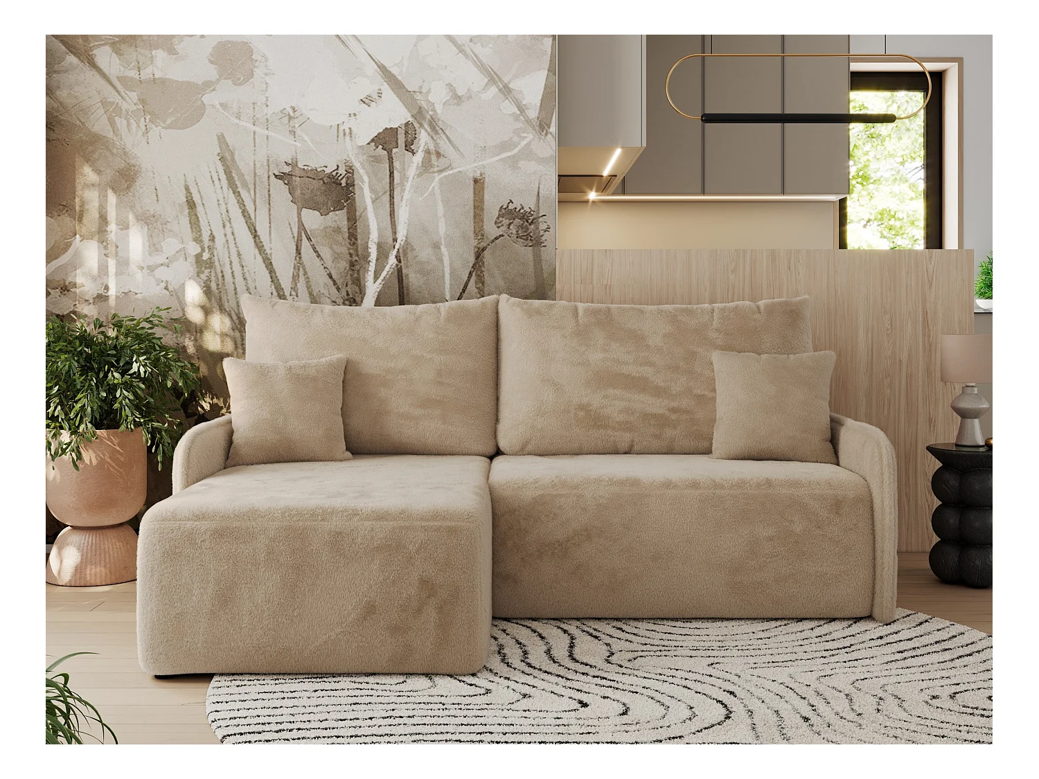Ecksofa ARPA - L-form Schlaffsofa, Bettkasten und lose Kissen, Armlehnen - Beige Plüsch - Ecke Links