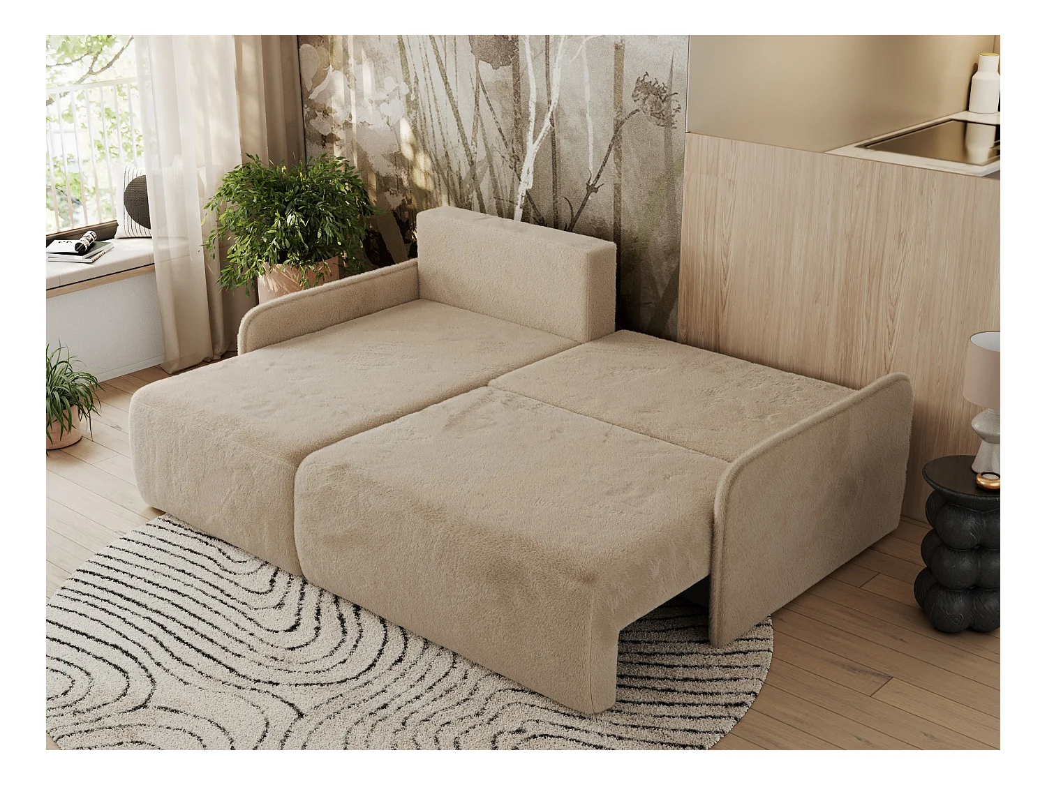 Ecksofa ARPA - L-form Schlaffsofa, Bettkasten und lose Kissen, Armlehnen - Beige Plüsch - Ecke Links