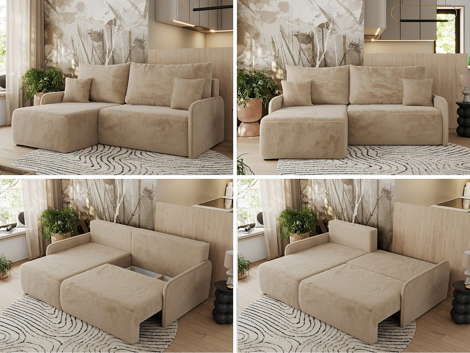 Ecksofa ARPA - L-form Schlaffsofa, Bettkasten und lose Kissen, Armlehnen - Beige Plüsch - Ecke Links
