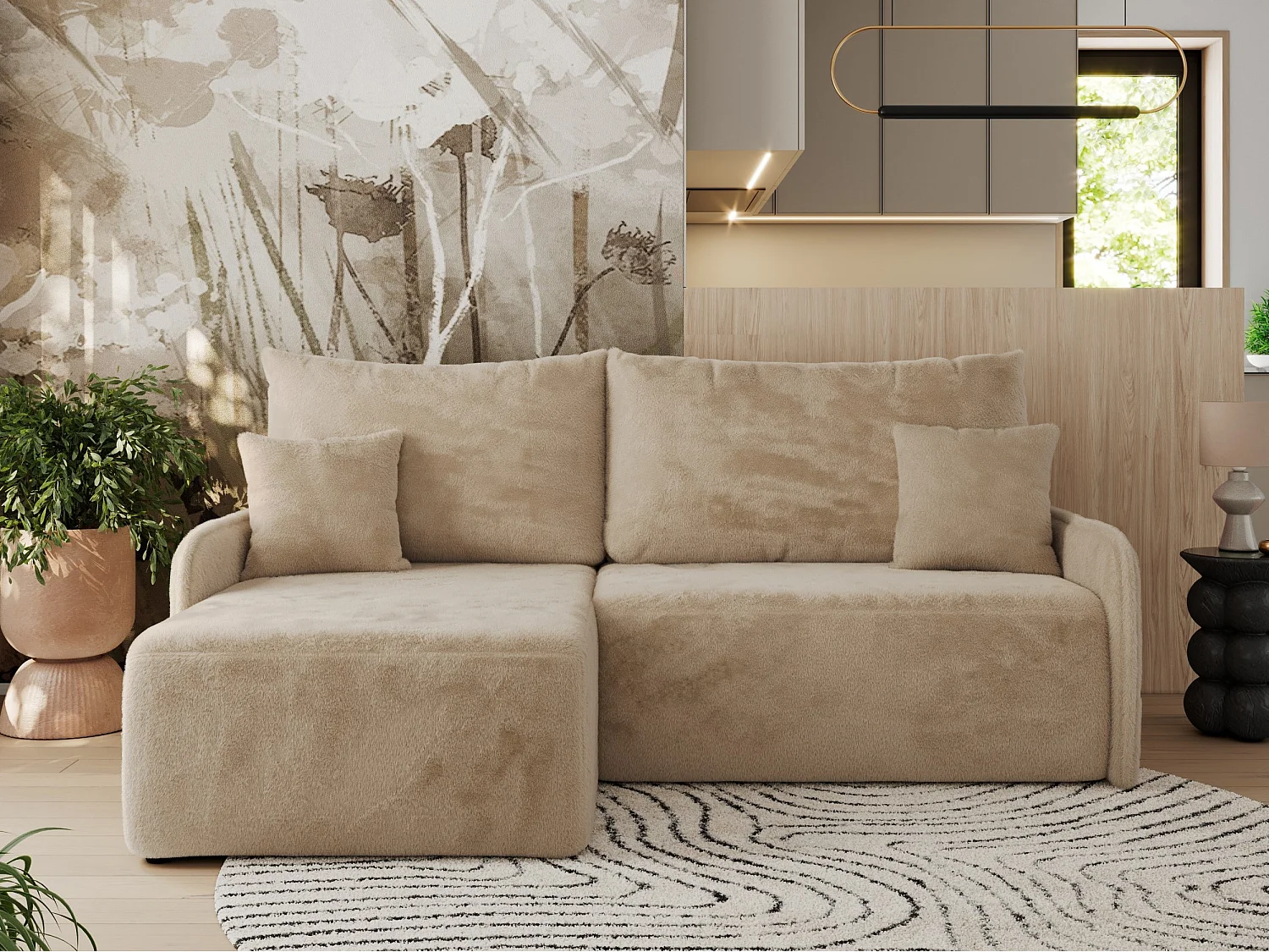 Ecksofa ARPA - L-form Schlaffsofa, Bettkasten und lose Kissen, Armlehnen - Beige Plüsch - Ecke Links