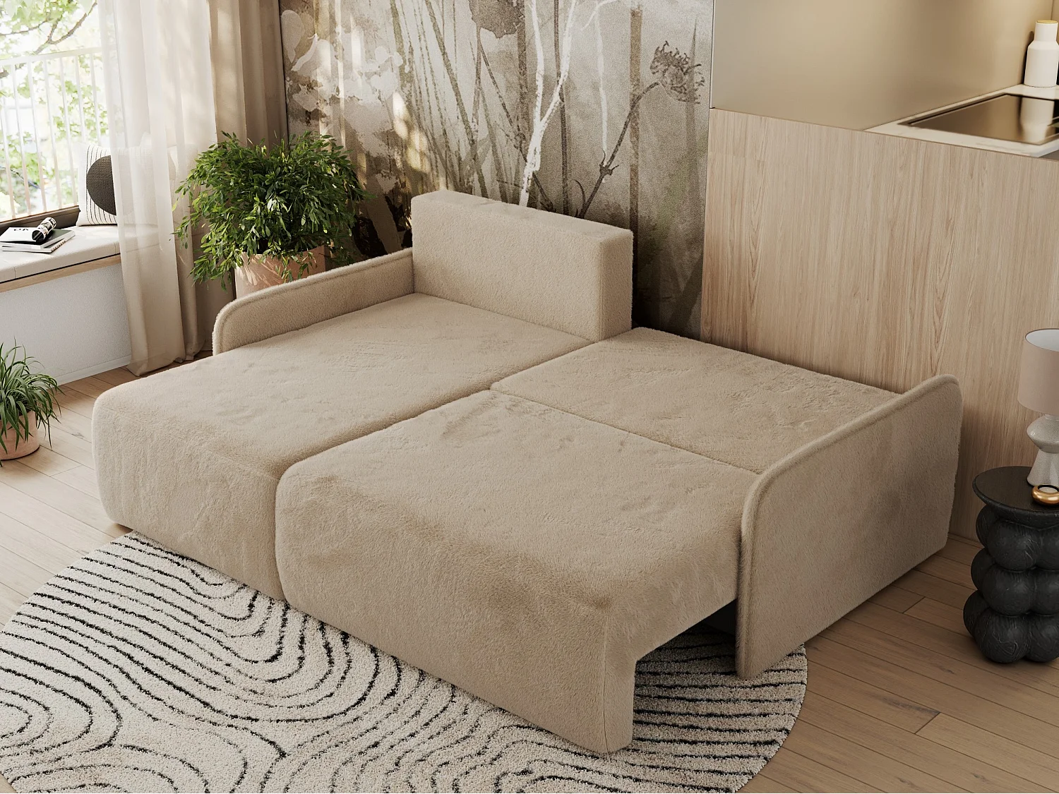 Ecksofa ARPA - L-form Schlaffsofa, Bettkasten und lose Kissen, Armlehnen - Beige Plüsch - Ecke Links