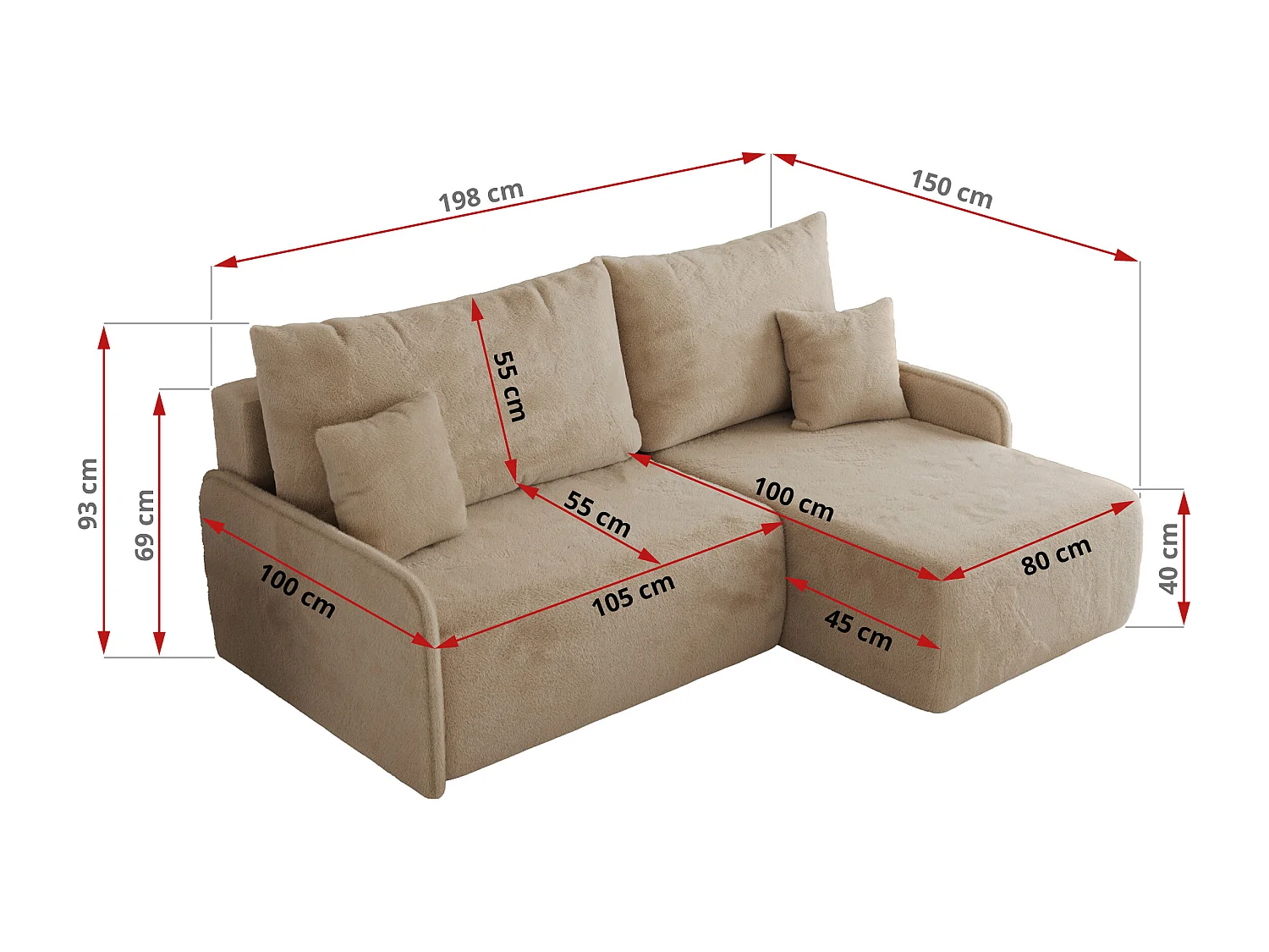 Ecksofa ARPA - L-form Schlaffsofa, Bettkasten und lose Kissen, Armlehnen - Beige Plüsch - Ecke Links