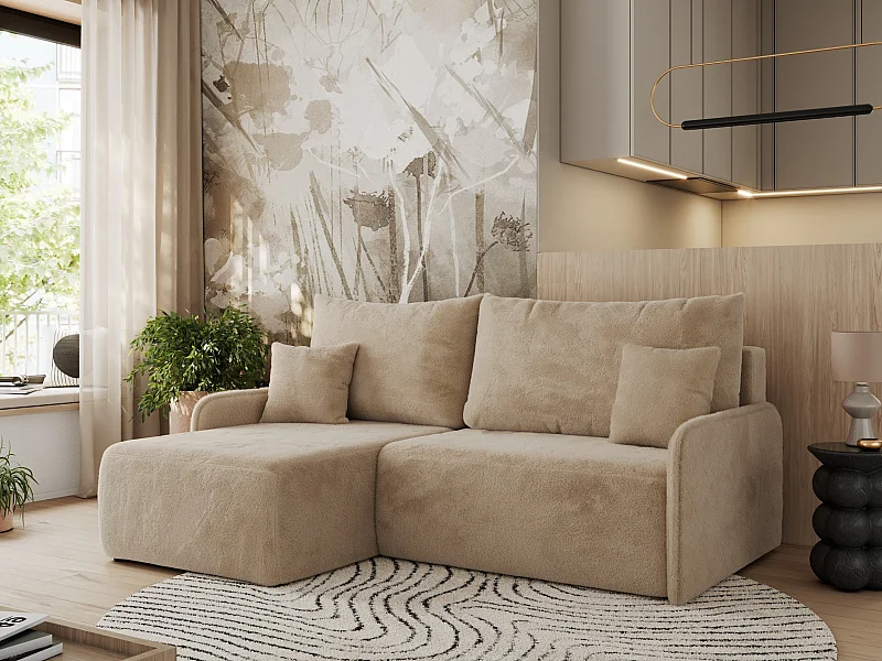 Ecksofa ARPA - L-form Schlaffsofa, Bettkasten und lose Kissen, Armlehnen - Beige Plüsch - Ecke Links