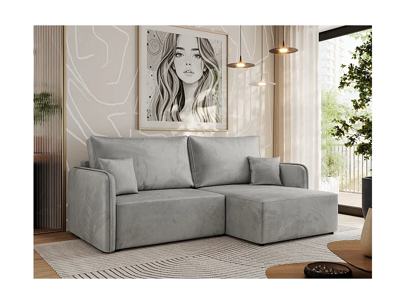 Ecksofa MESTO - Schlaffunktion und Bettkasten, L-form Couch für das Wohnzimmer, Armlehnen - Hellgrau Velvet - Ecke Rechts