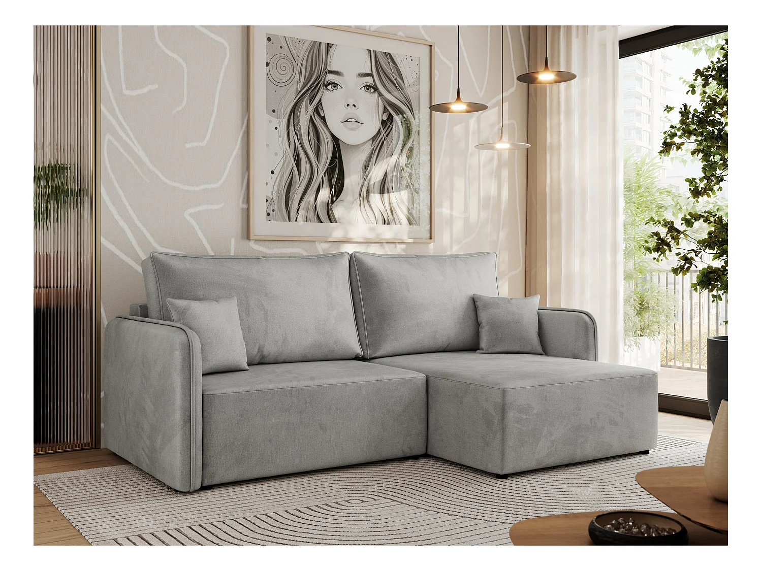 Ecksofa MESTO - Schlaffunktion und Bettkasten, L-form Couch für das Wohnzimmer, Armlehnen - Hellgrau Velvet - Ecke Rechts