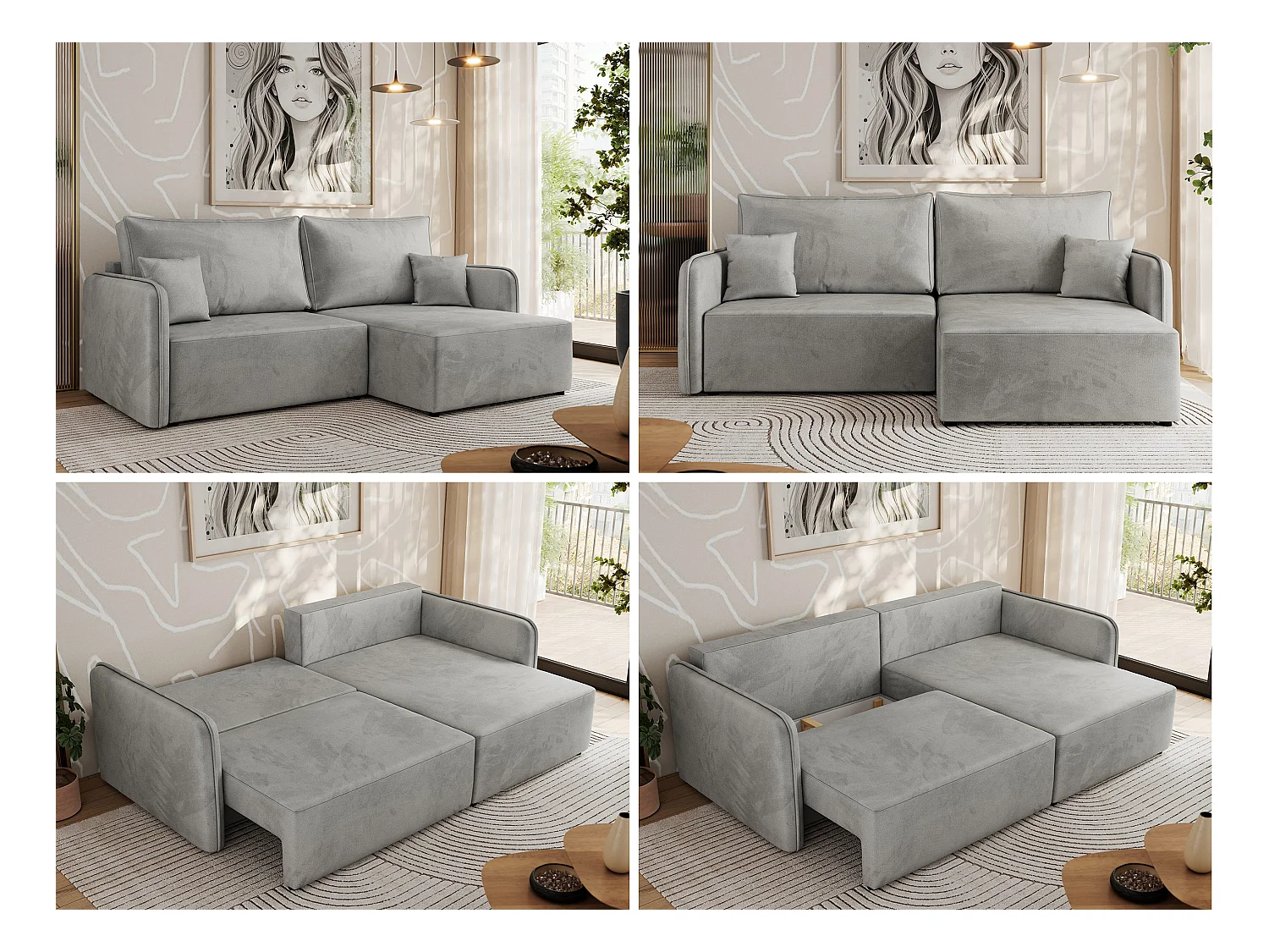 Ecksofa MESTO - Schlaffunktion und Bettkasten, L-form Couch für das Wohnzimmer, Armlehnen - Hellgrau Velvet - Ecke Rechts