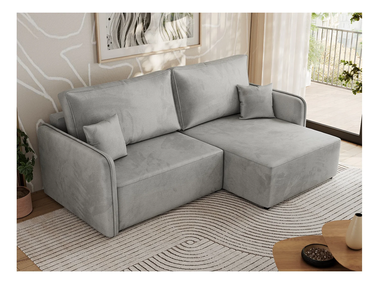 Ecksofa MESTO - Schlaffunktion und Bettkasten, L-form Couch für das Wohnzimmer, Armlehnen - Hellgrau Velvet - Ecke Rechts