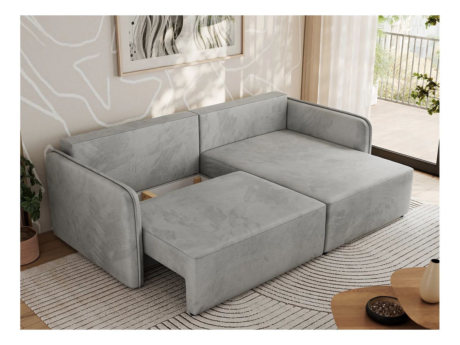 Ecksofa MESTO - Schlaffunktion und Bettkasten, L-form Couch für das Wohnzimmer, Armlehnen - Hellgrau Velvet - Ecke Rechts