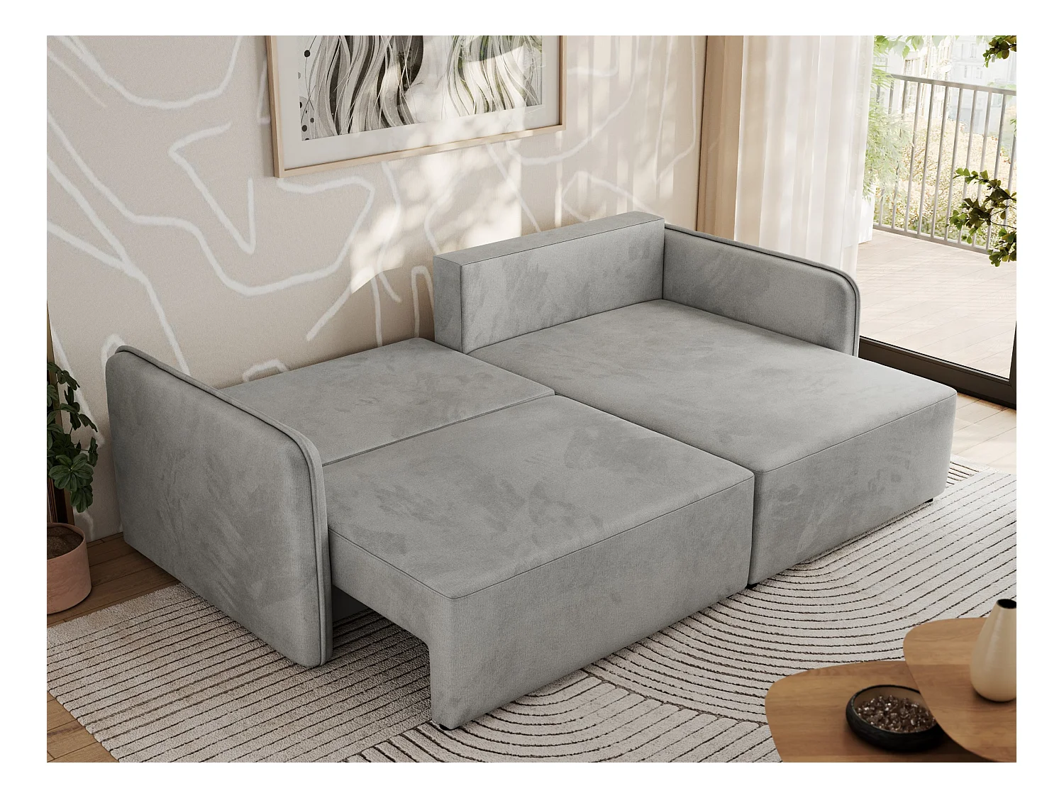 Ecksofa MESTO - Schlaffunktion und Bettkasten, L-form Couch für das Wohnzimmer, Armlehnen - Hellgrau Velvet - Ecke Rechts