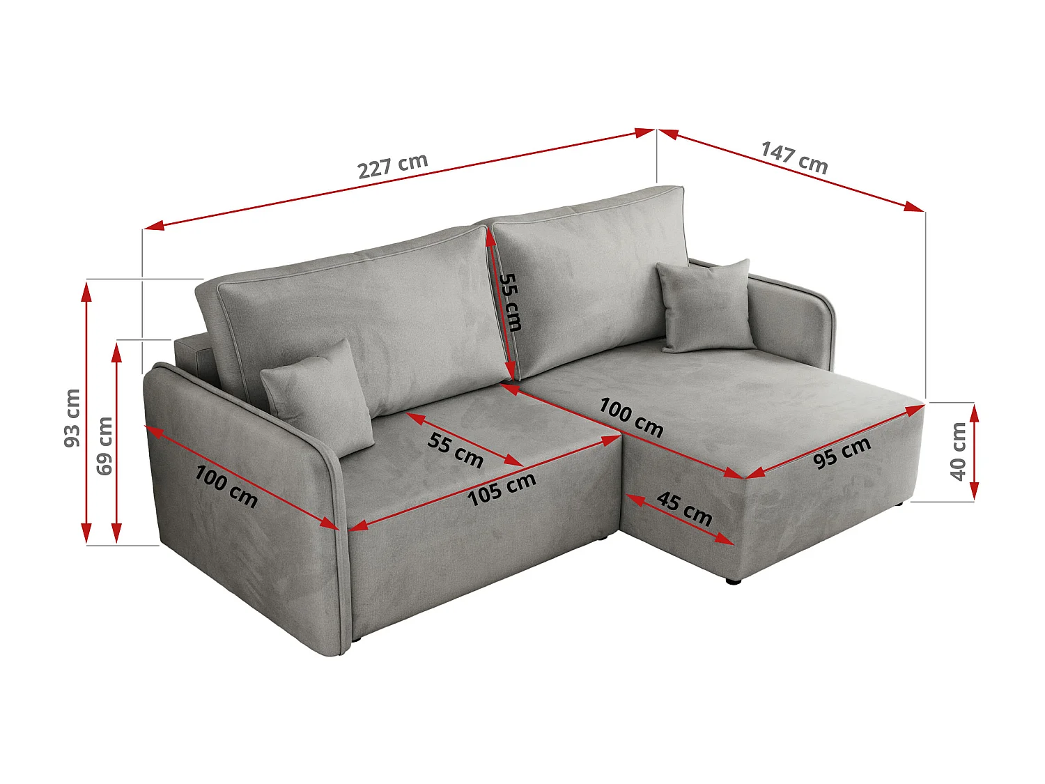 Ecksofa MESTO - Schlaffunktion und Bettkasten, L-form Couch für das Wohnzimmer, Armlehnen - Hellgrau Velvet - Ecke Rechts