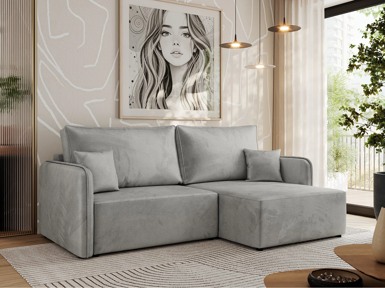 Ecksofa MESTO - Schlaffunktion und Bettkasten, L-form Couch für das Wohnzimmer, Armlehnen - Hellgrau Velvet - Ecke Rechts