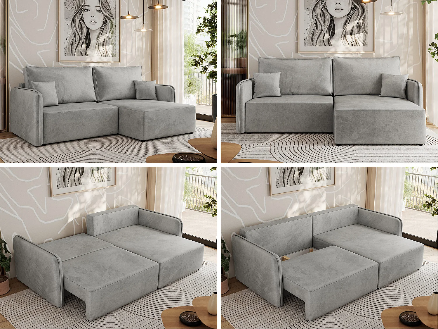Ecksofa MESTO - Schlaffunktion und Bettkasten, L-form Couch für das Wohnzimmer, Armlehnen - Hellgrau Velvet - Ecke Rechts