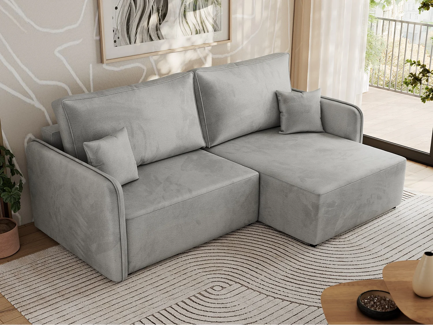 Ecksofa MESTO - Schlaffunktion und Bettkasten, L-form Couch für das Wohnzimmer, Armlehnen - Hellgrau Velvet - Ecke Rechts