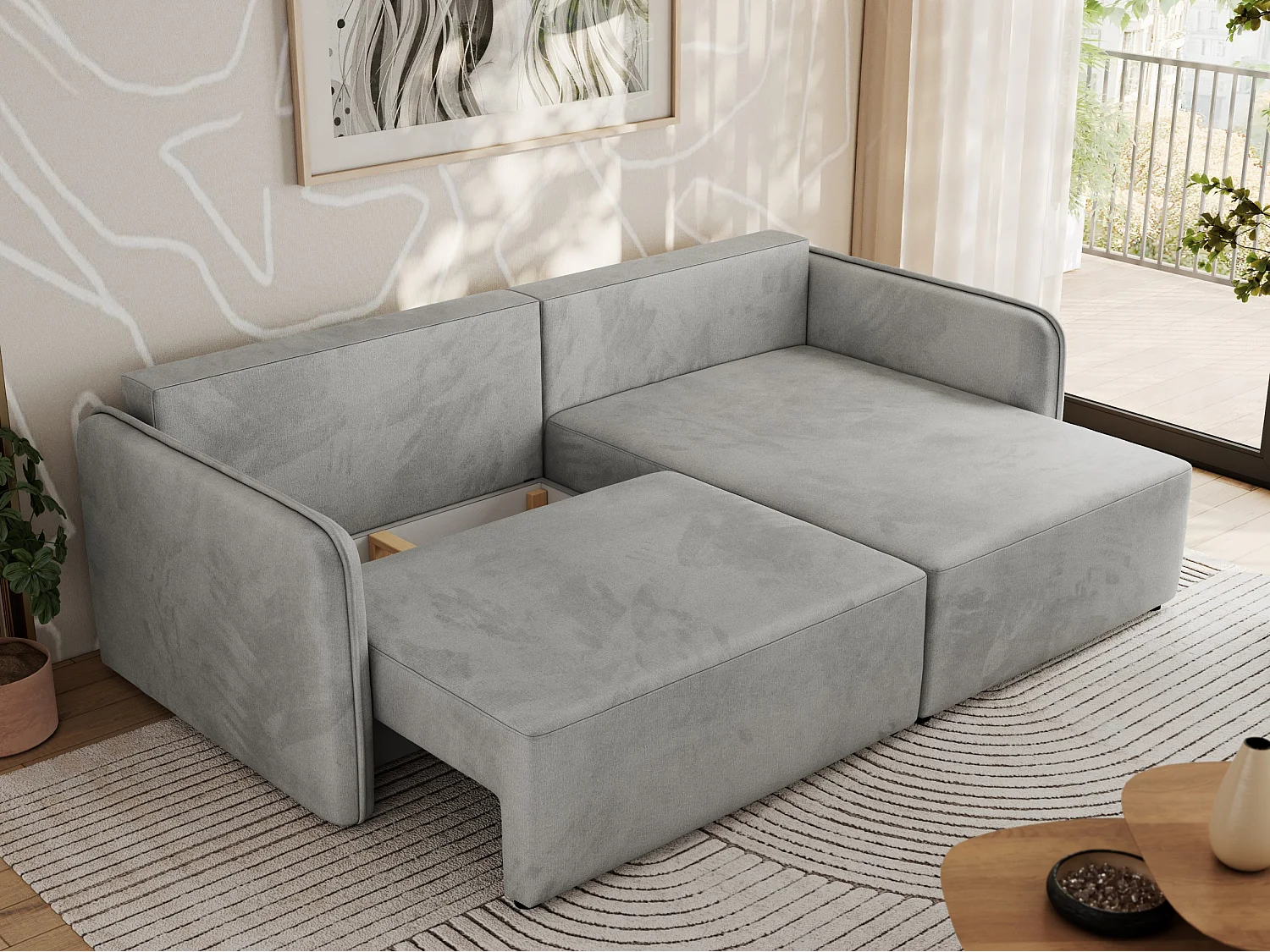 Ecksofa MESTO - Schlaffunktion und Bettkasten, L-form Couch für das Wohnzimmer, Armlehnen - Hellgrau Velvet - Ecke Rechts