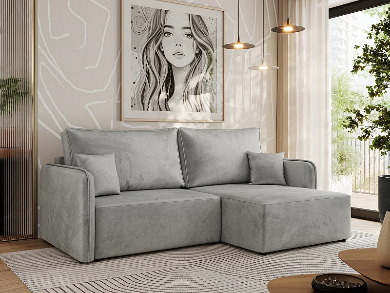 Ecksofa MESTO - Schlaffunktion und Bettkasten, L-form Couch für das Wohnzimmer, Armlehnen - Hellgrau Velvet - Ecke Rechts