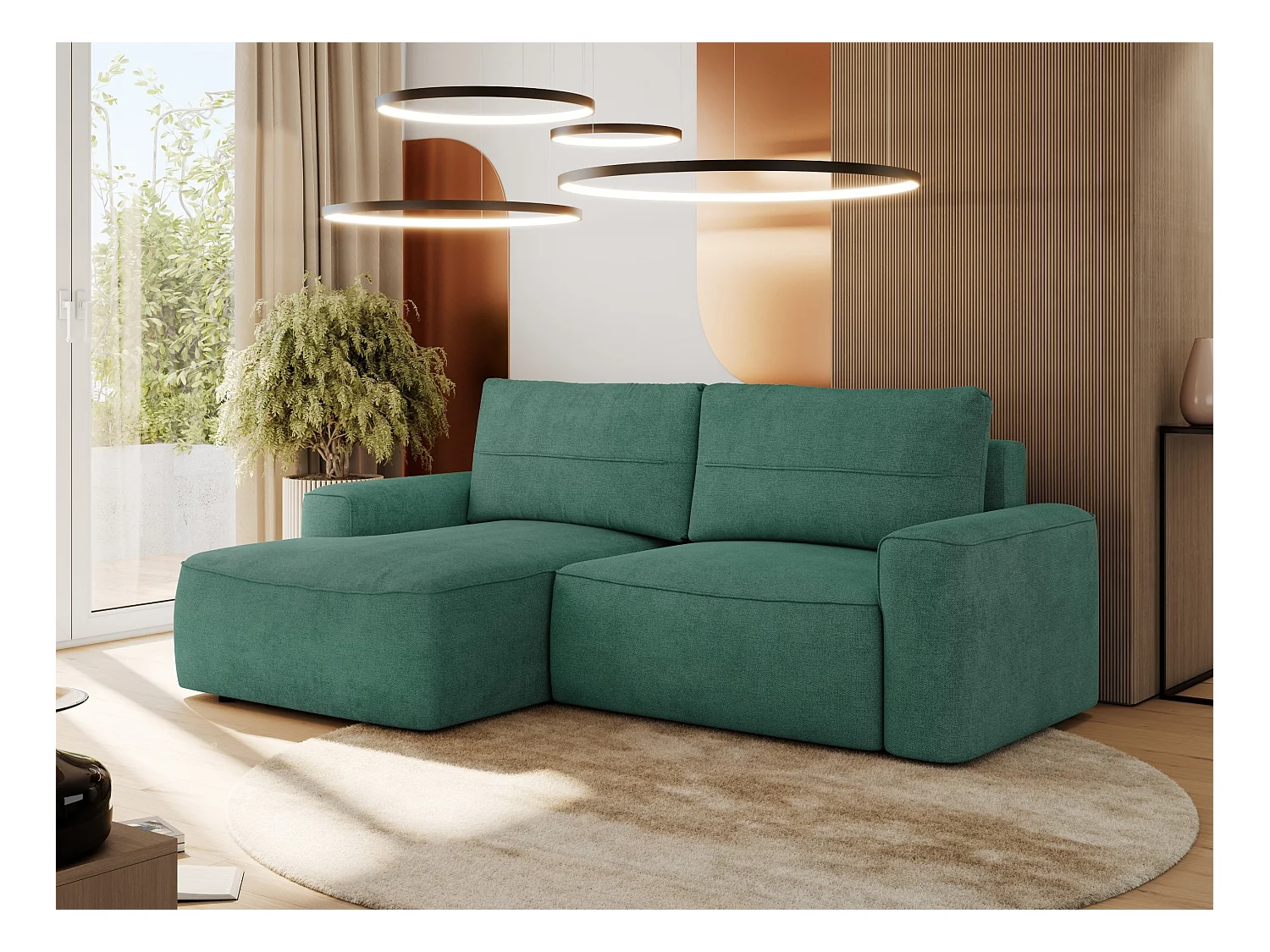 Ecksofa BELLUNO - Schlafsofa mit Bettkasten, Armlehnen, Couch L-form mit Schlaffunktion - Grün Strukture - Ecke Links