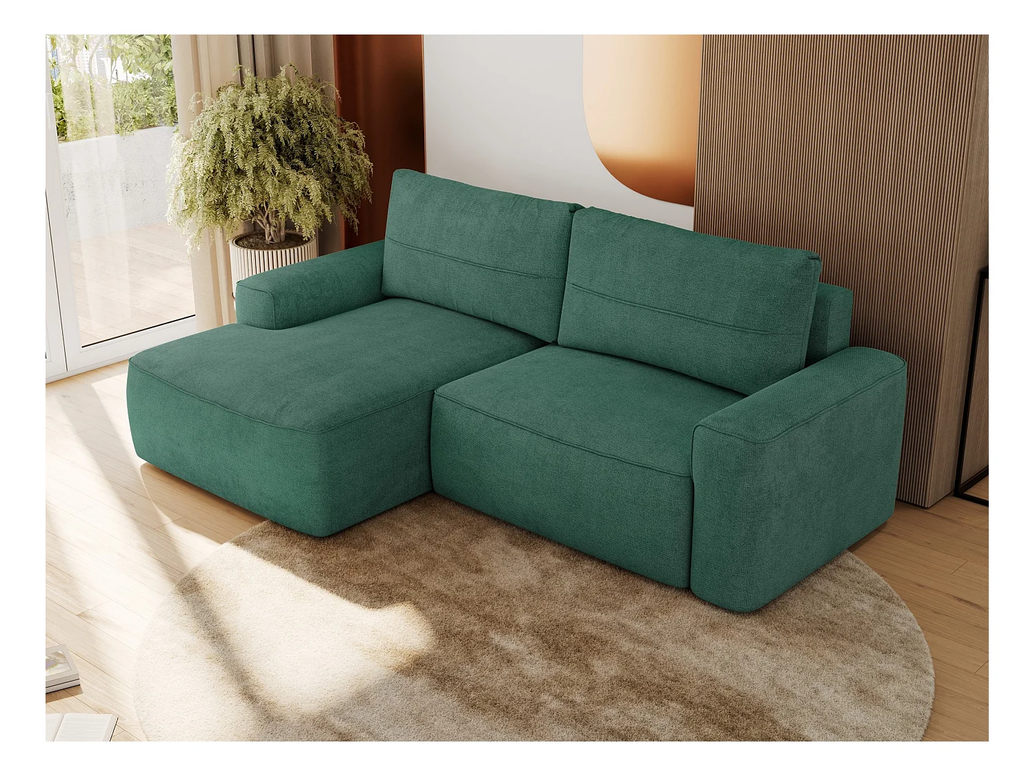 Ecksofa BELLUNO - Schlafsofa mit Bettkasten, Armlehnen, Couch L-form mit Schlaffunktion - Grün Strukture - Ecke Links