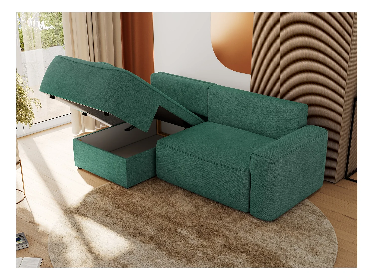 Ecksofa BELLUNO - Schlafsofa mit Bettkasten, Armlehnen, Couch L-form mit Schlaffunktion - Grün Strukture - Ecke Links