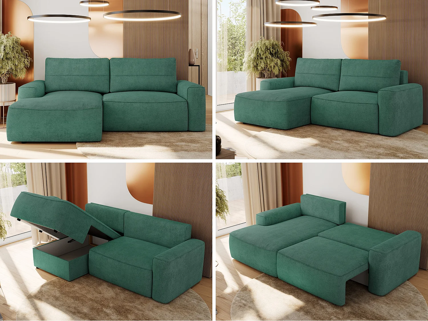 Ecksofa BELLUNO - Schlafsofa mit Bettkasten, Armlehnen, Couch L-form mit Schlaffunktion - Grün Strukture - Ecke Links