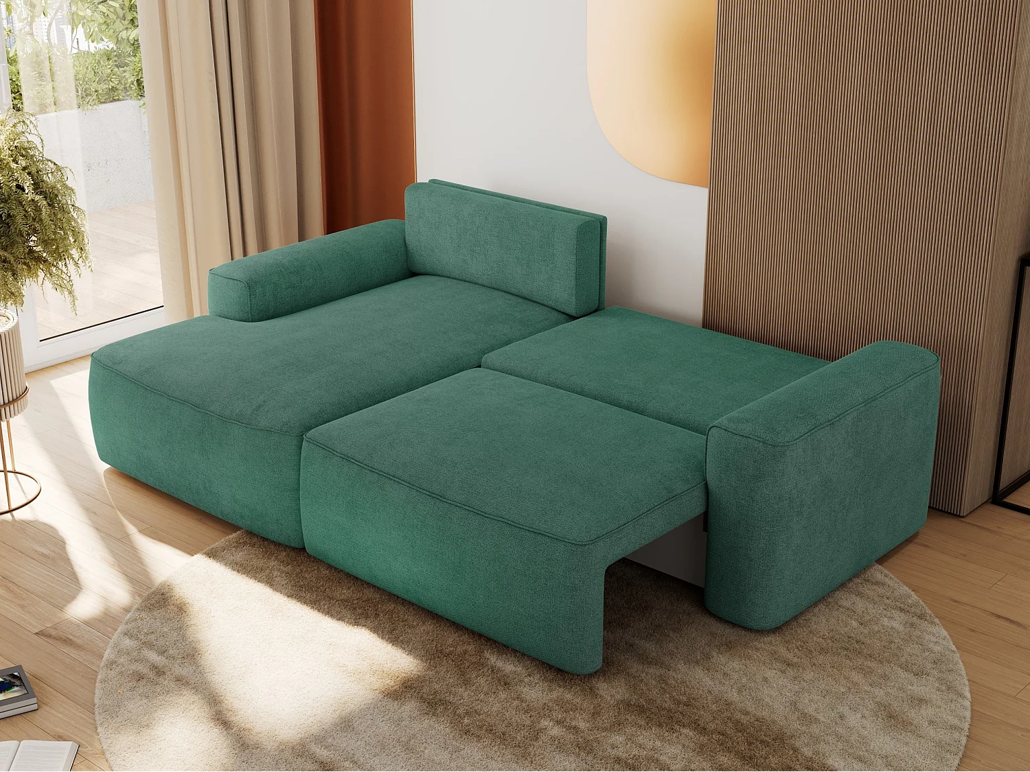 Ecksofa BELLUNO - Schlafsofa mit Bettkasten, Armlehnen, Couch L-form mit Schlaffunktion - Grün Strukture - Ecke Links