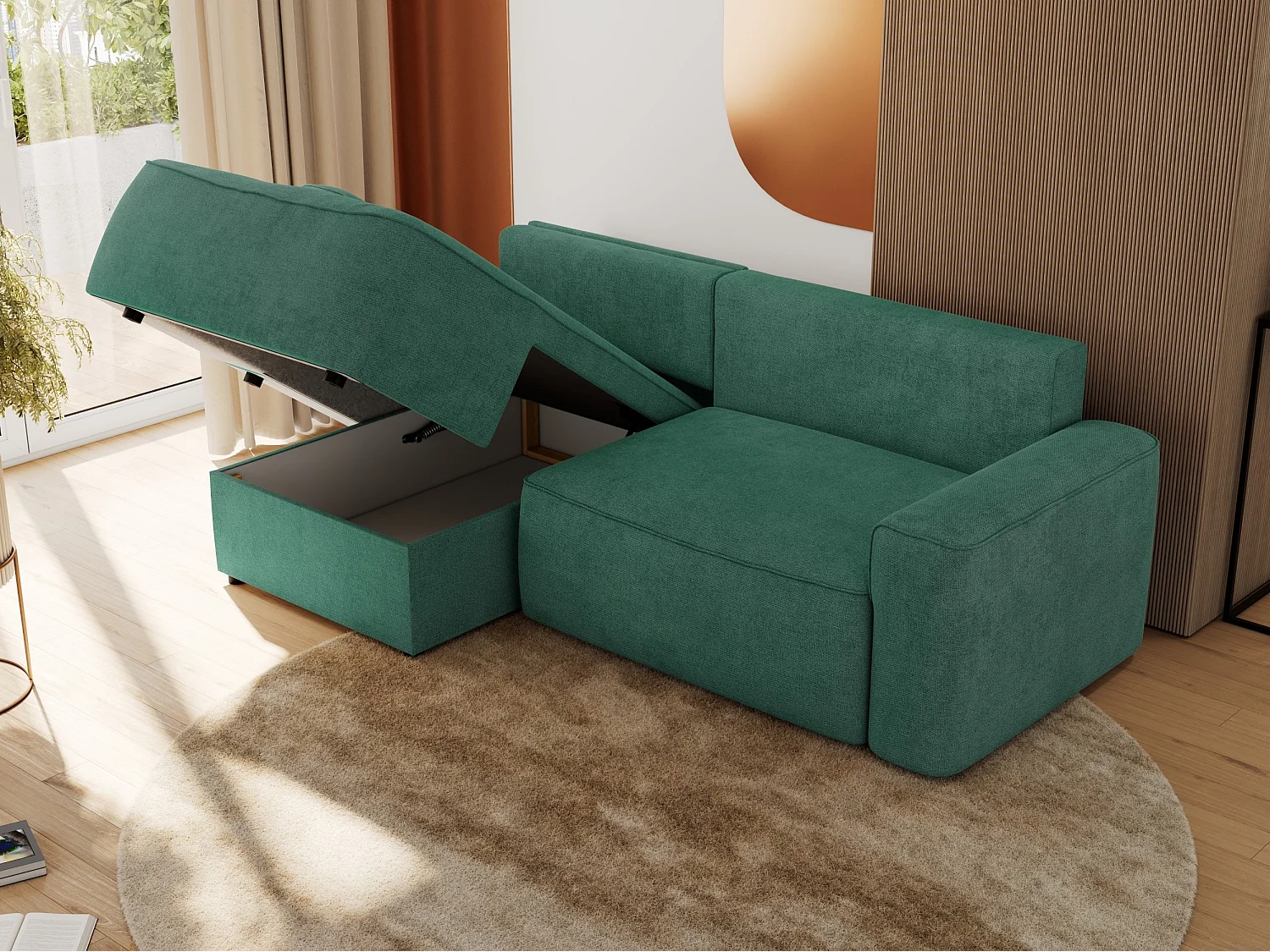 Ecksofa BELLUNO - Schlafsofa mit Bettkasten, Armlehnen, Couch L-form mit Schlaffunktion - Grün Strukture - Ecke Links