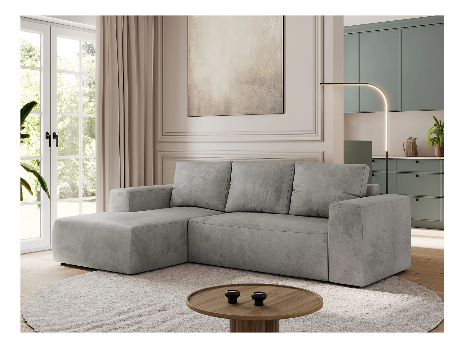 Ecksofa TRENTINO - mit Schlaffunktion und Bettkasten, L-form Couch, lose Kissen und Armlehnen - Hellgrau Velvet - Ecke Links