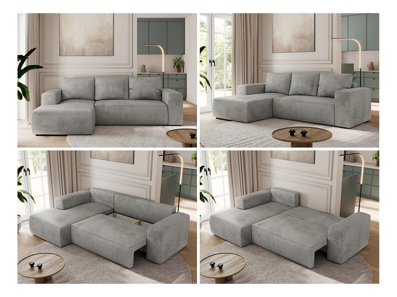 Ecksofa TRENTINO - mit Schlaffunktion und Bettkasten, L-form Couch, lose Kissen und Armlehnen - Hellgrau Velvet - Ecke Links