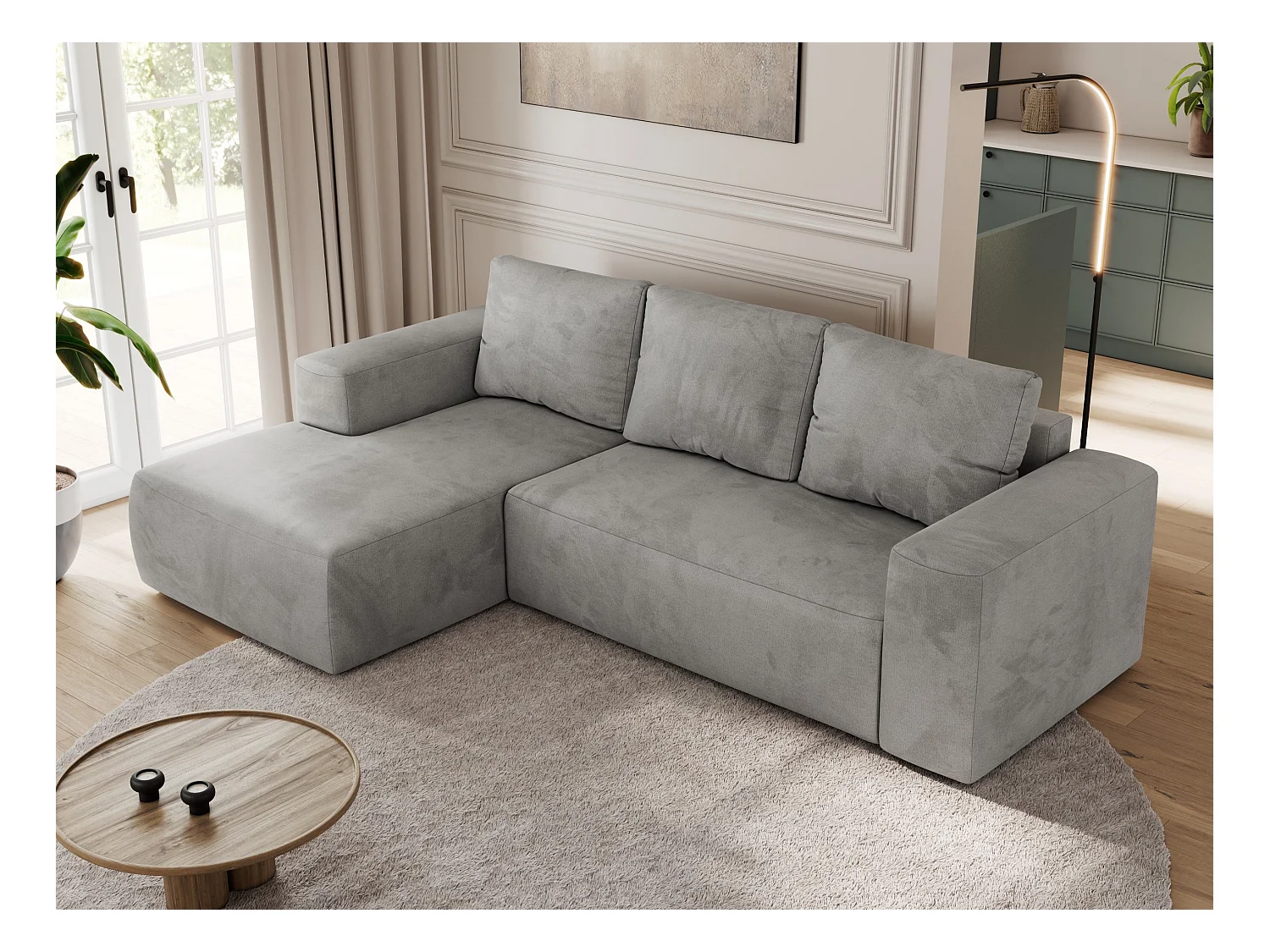 Ecksofa TRENTINO - mit Schlaffunktion und Bettkasten, L-form Couch, lose Kissen und Armlehnen - Hellgrau Velvet - Ecke Links