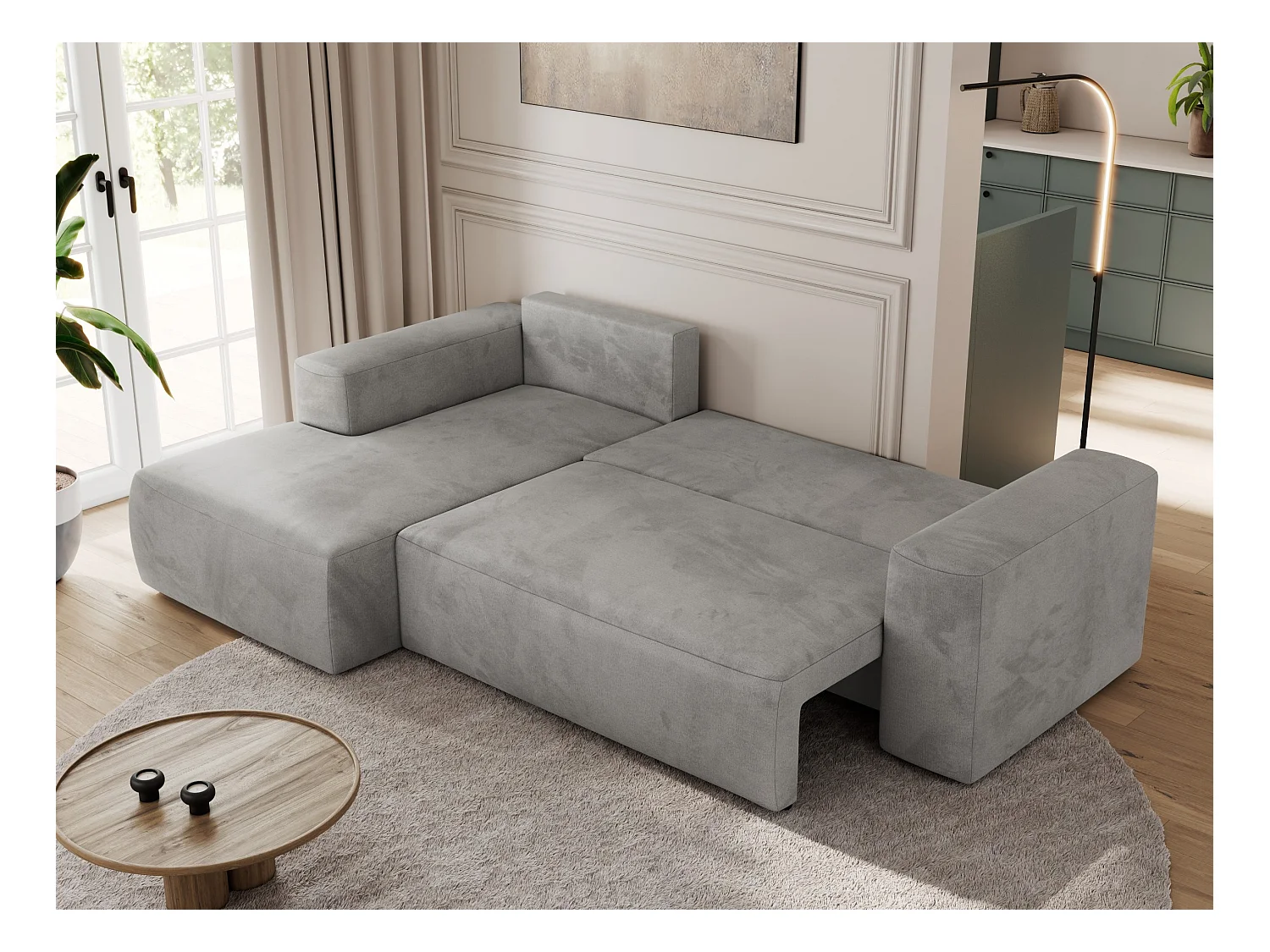 Ecksofa TRENTINO - mit Schlaffunktion und Bettkasten, L-form Couch, lose Kissen und Armlehnen - Hellgrau Velvet - Ecke Links