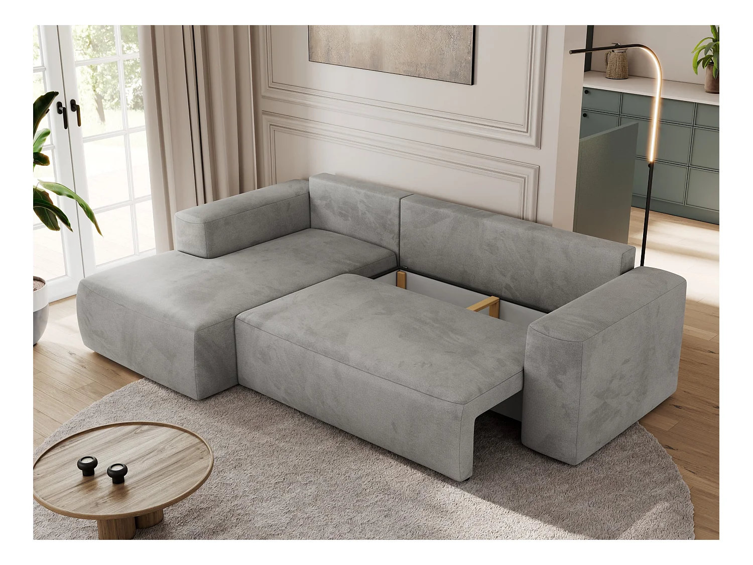 Ecksofa TRENTINO - mit Schlaffunktion und Bettkasten, L-form Couch, lose Kissen und Armlehnen - Hellgrau Velvet - Ecke Links