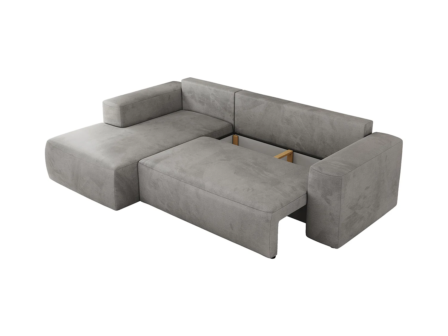 Ecksofa TRENTINO - mit Schlaffunktion und Bettkasten, L-form Couch, lose Kissen und Armlehnen - Hellgrau Velvet - Ecke Links
