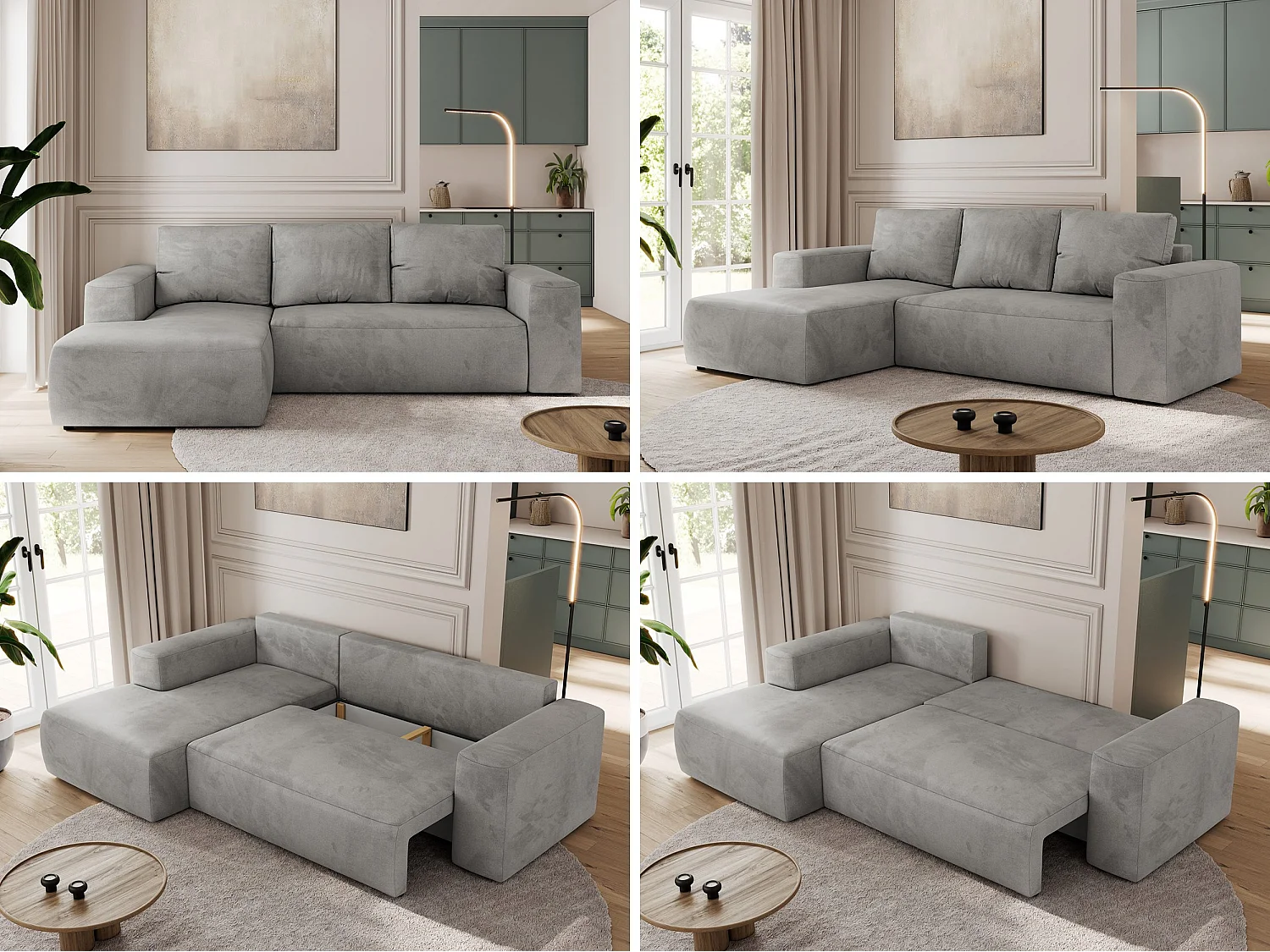 Ecksofa TRENTINO - mit Schlaffunktion und Bettkasten, L-form Couch, lose Kissen und Armlehnen - Hellgrau Velvet - Ecke Links