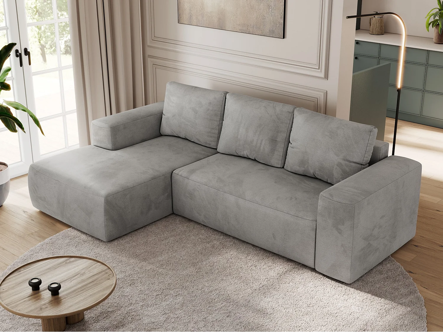 Ecksofa TRENTINO - mit Schlaffunktion und Bettkasten, L-form Couch, lose Kissen und Armlehnen - Hellgrau Velvet - Ecke Links