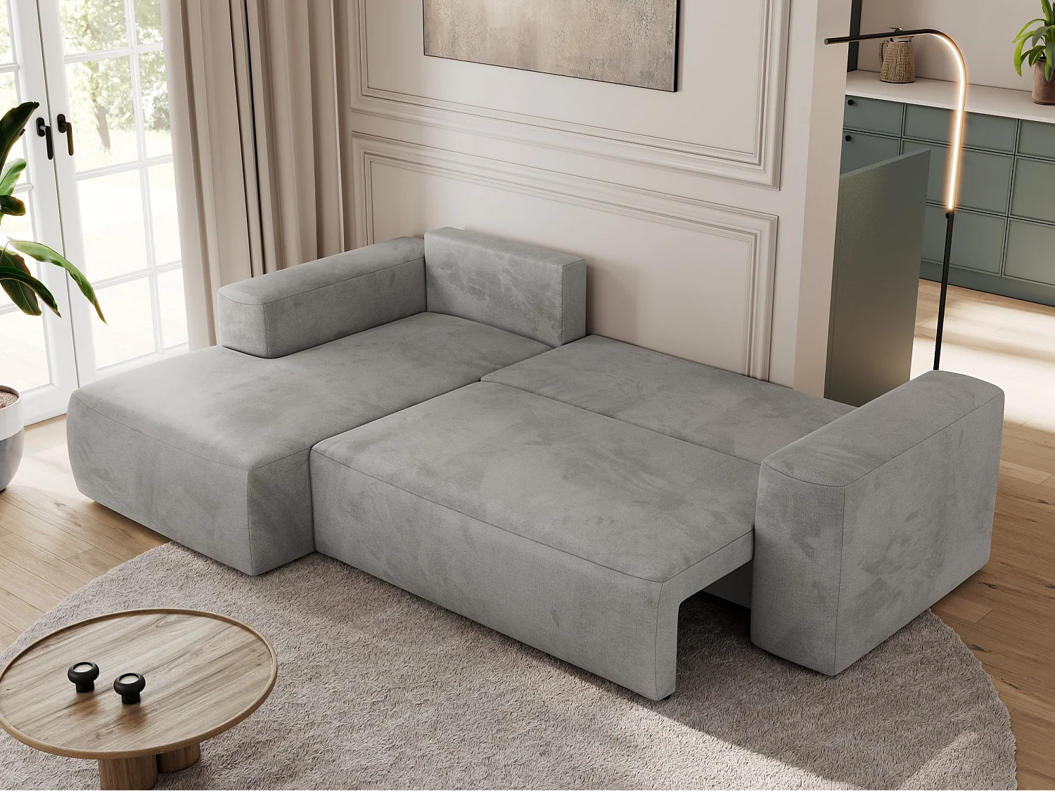 Ecksofa TRENTINO - mit Schlaffunktion und Bettkasten, L-form Couch, lose Kissen und Armlehnen - Hellgrau Velvet - Ecke Links