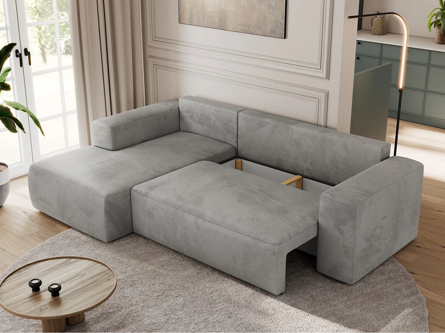 Ecksofa TRENTINO - mit Schlaffunktion und Bettkasten, L-form Couch, lose Kissen und Armlehnen - Hellgrau Velvet - Ecke Links