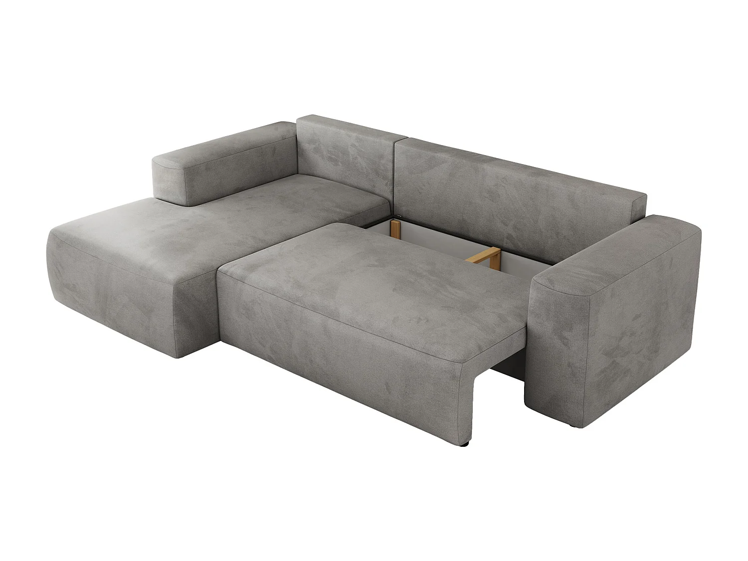 Ecksofa TRENTINO - mit Schlaffunktion und Bettkasten, L-form Couch, lose Kissen und Armlehnen - Hellgrau Velvet - Ecke Links