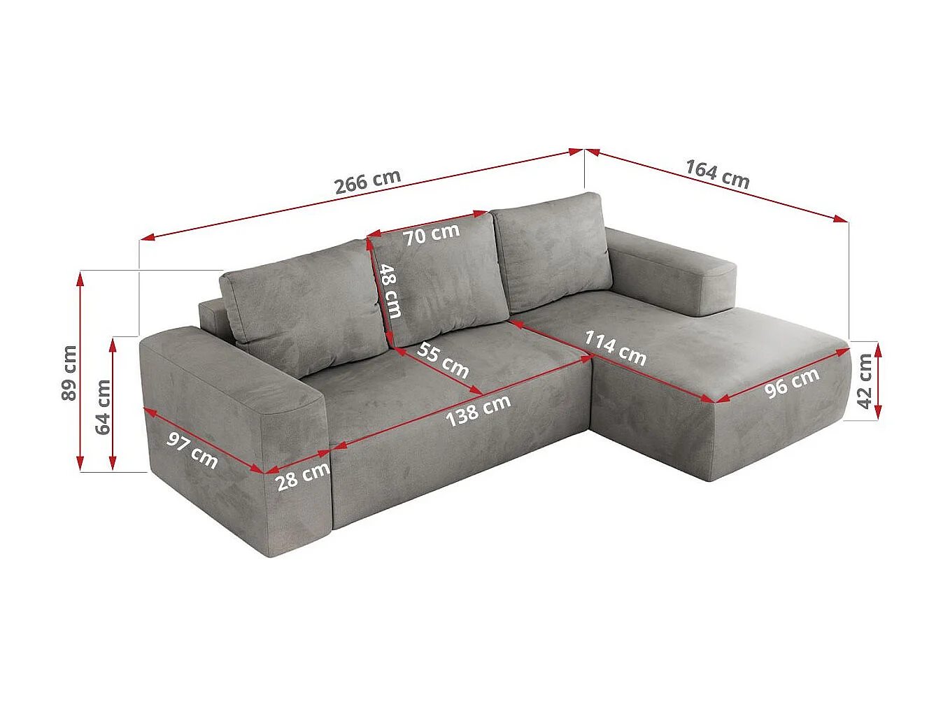 Ecksofa TRENTINO - mit Schlaffunktion und Bettkasten, L-form Couch, lose Kissen und Armlehnen - Hellgrau Velvet - Ecke Links