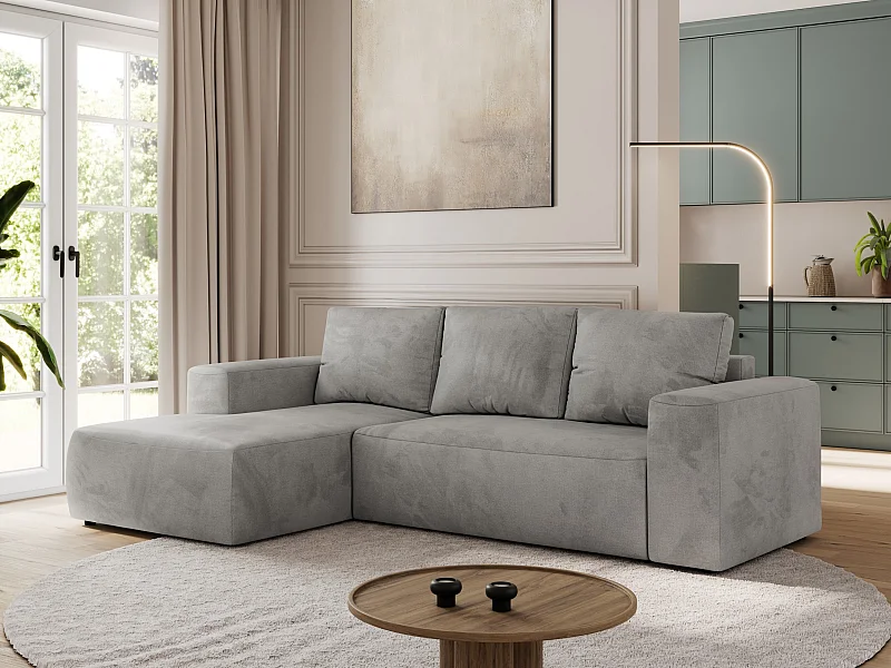Ecksofa TRENTINO - mit Schlaffunktion und Bettkasten, L-form Couch, lose Kissen und Armlehnen - Hellgrau Velvet - Ecke Links