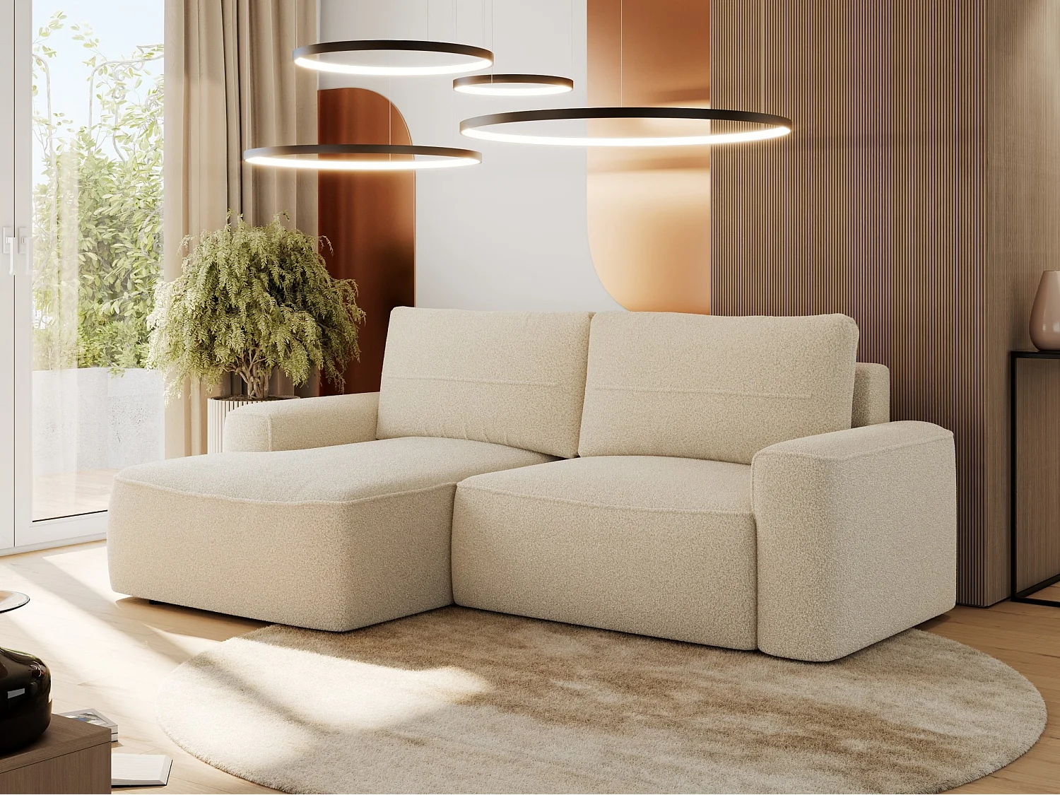 Ecksofa BELLUNO - Schlafsofa mit Bettkasten, Armlehnen, Couch L-form mit Schlaffunktion - Beige Boucle - Ecke Links